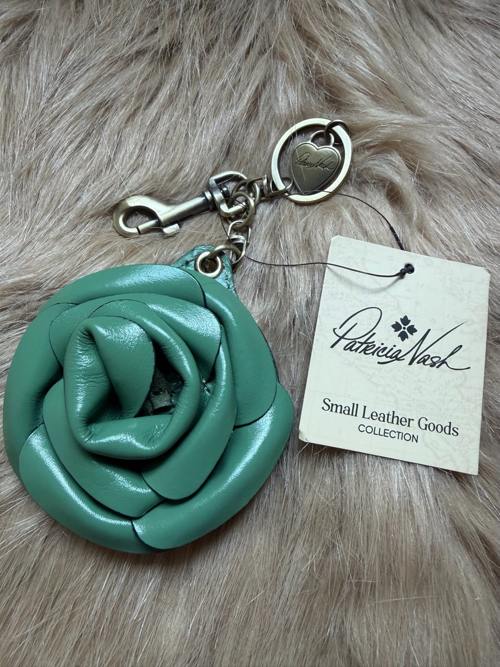 NWT High End Patricia Nash Green Leather Rose Keychain Bag Charm